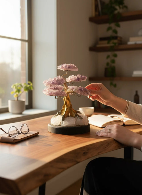 Crystal Fairy Patch amethyst bonsai tree with gold trunk on a quartz and pyrite base, displayed on a wooden desk by a window.
