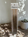 Crystal Fairy Patch artisan mugwort stick incense in clear packaging, featuring a rustic, textured botanical design.