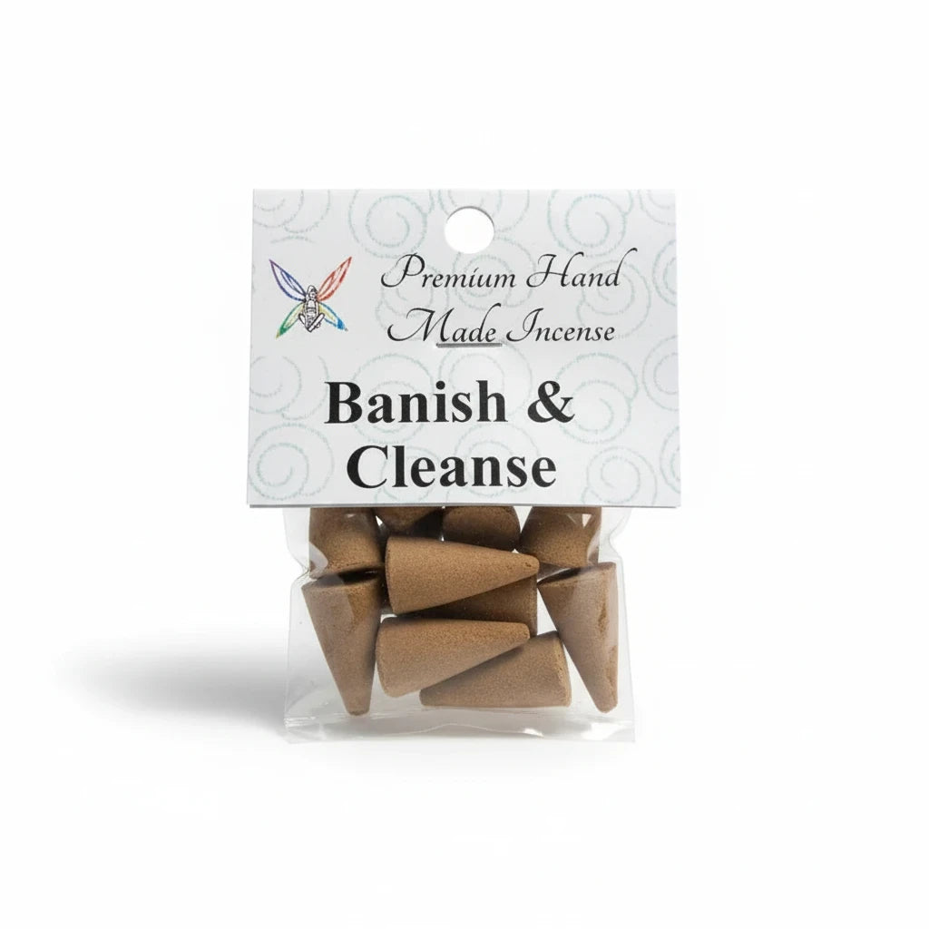 Crystal Fairy Patch Banish & Cleanse premium hand made cone incense in a clear plastic pack of ten for spiritual cleansing