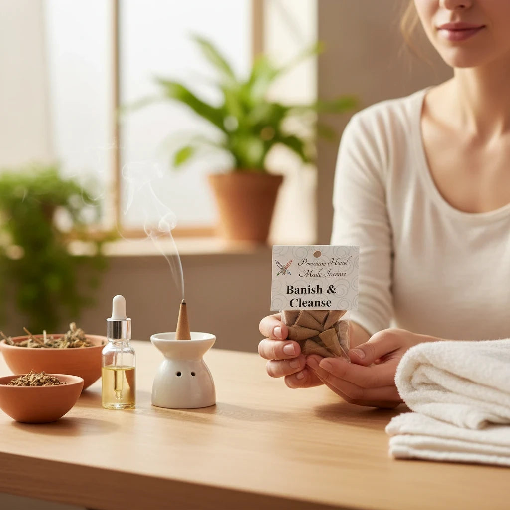 Crystal Fairy Patch Banish & Cleanse handmade cone incense pack held by a woman next to a burning incense burner and essential oil