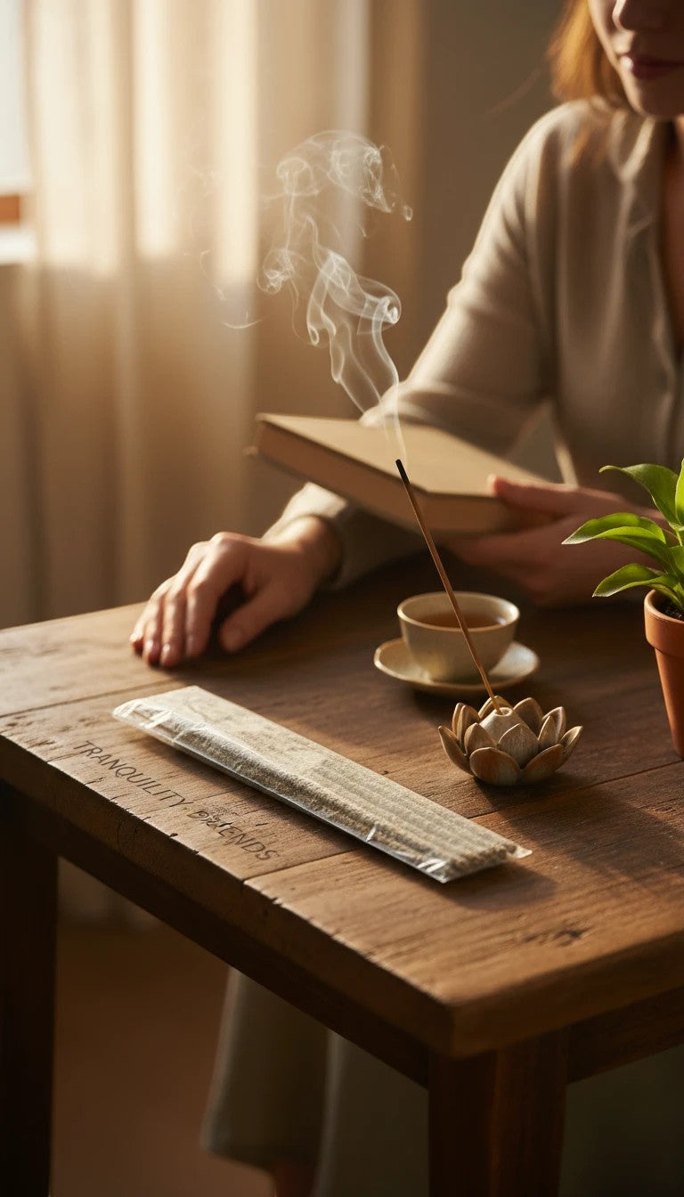 Crystal Fairy Patch artisan black copal incense sticks burning in a lotus holder on a wooden table with a person reading