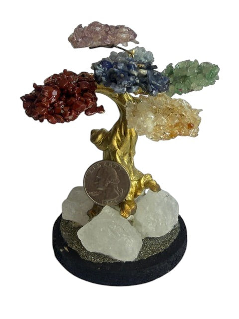 Crystal Fairy Patch Chakra Stone Bonsai Tree with gemstone chips on a raw quartz and pyrite base, gold-toned trunk, 4.5 inches.