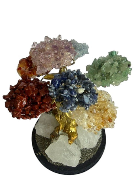 Crystal Fairy Patch Chakra Stone Bonsai Tree with multi-colored gemstone chips on a raw quartz and pyrite crystal base.