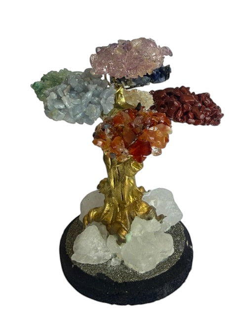 Crystal Fairy Patch chakra stone bonsai tree with gemstone chips on a raw quartz and pyrite base, gold-toned trunk, 4.5 inches.