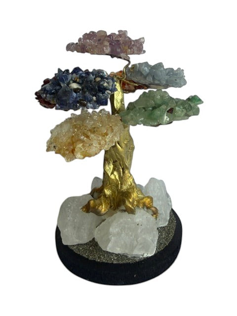 Crystal Fairy Patch Chakra Stone Bonsai Tree with gemstone chips on a raw quartz and pyrite base for meditation and home decor.
