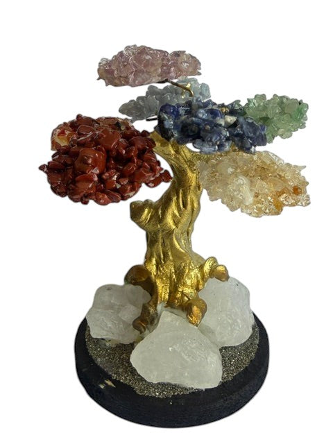 Crystal Fairy Patch Chakra Stone Bonsai Tree with gemstone chips, gold-toned trunk, and raw quartz and pyrite base for home decor.