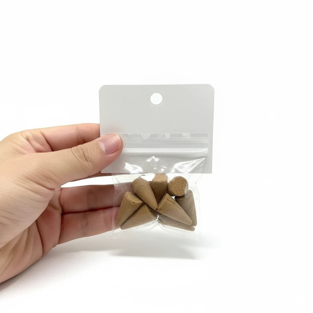 Crystal Fairy Patch Clear Bad Vibrations hand-made brown incense cones in a small clear plastic hanging bag