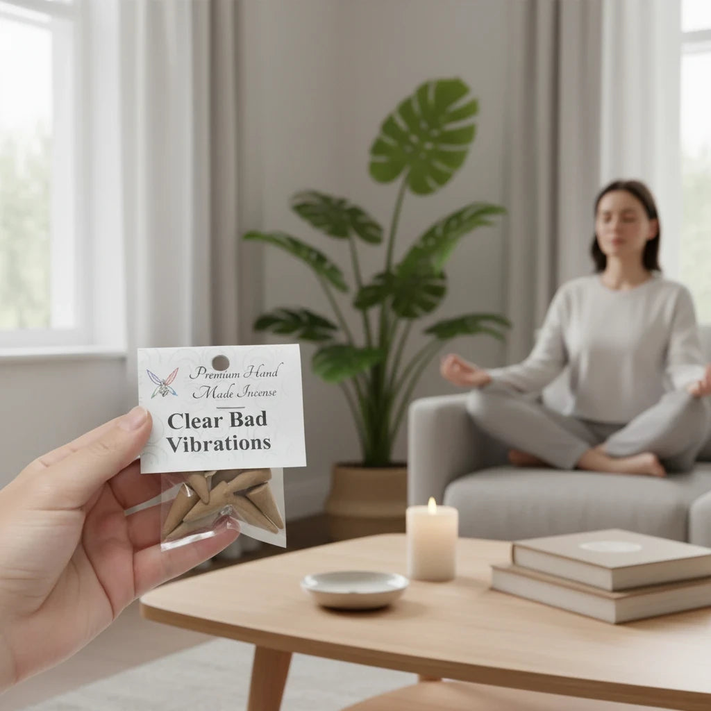 Crystal Fairy Patch Clear Bad Vibrations premium hand-made incense cones held in hand with a woman meditating in the background