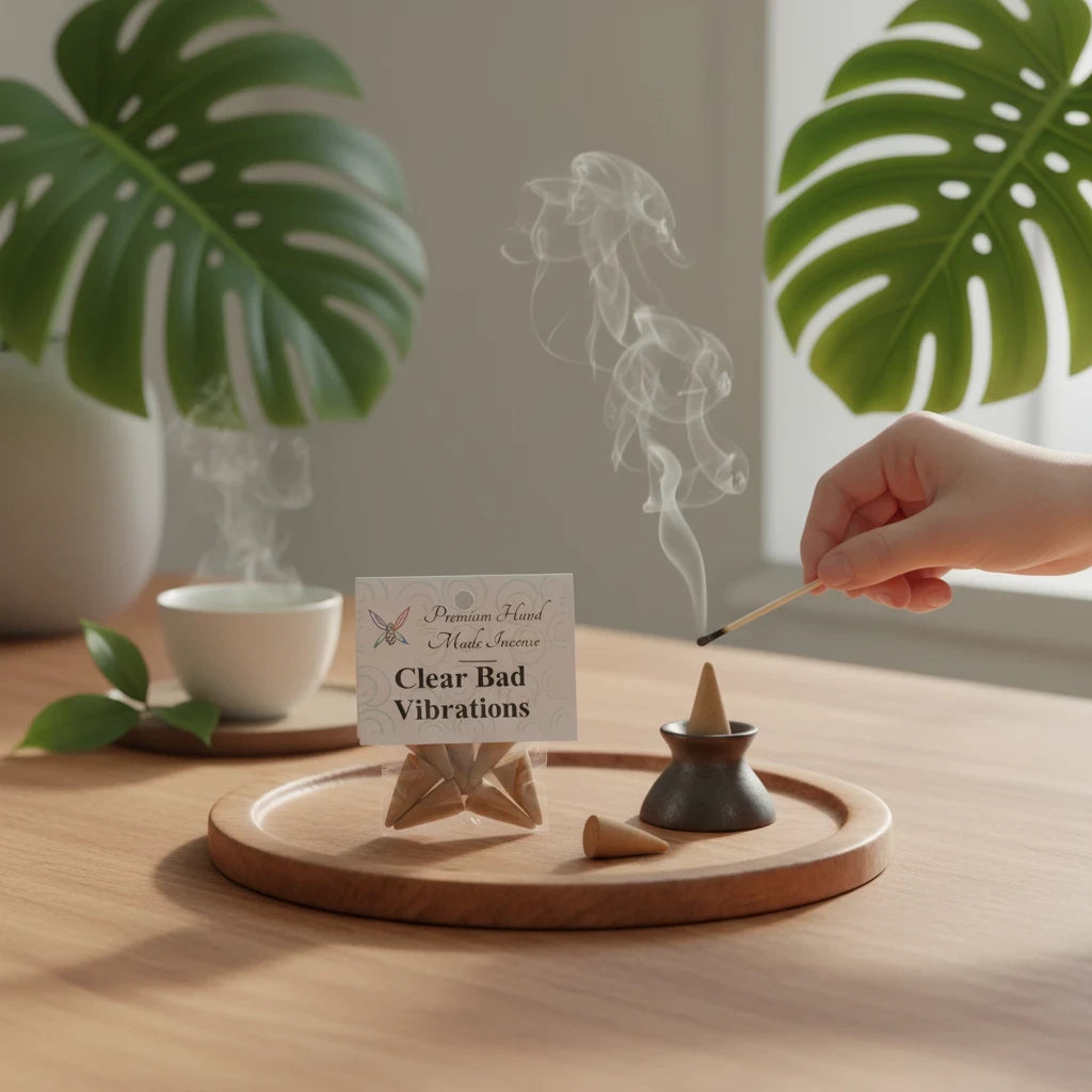 Crystal Fairy Patch Clear Bad Vibrations hand-made incense cones being lit on a wooden tray with a ceramic burner