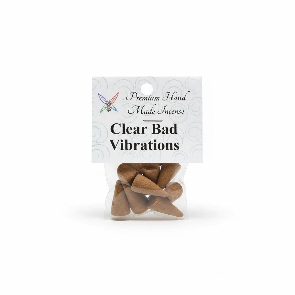 Crystal Fairy Patch Clear Bad Vibrations premium hand-made brown incense cones in a small clear plastic bag with branded label