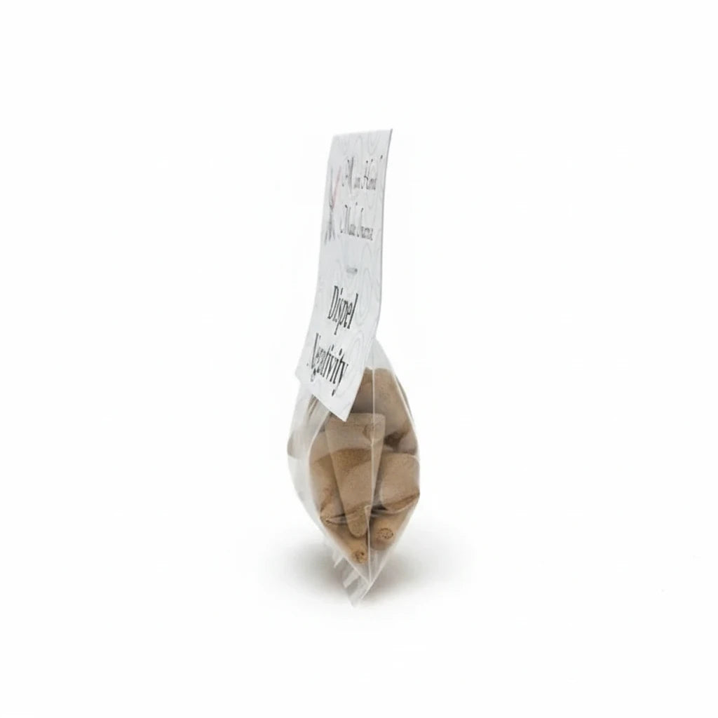 Crystal Fairy Patch Dispel Negativity handmade cone incense in a clear plastic bag, side view