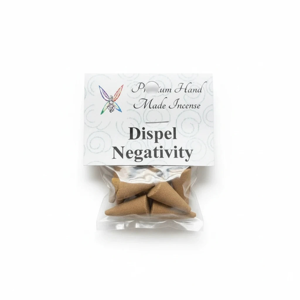 Crystal Fairy Patch Dispel Negativity premium hand made cone incense in a clear plastic pack of ten for energy cleansing