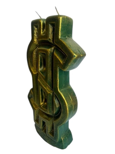 Crystal Fairy Patch double wick dollar sign shaped wax candle in a metallic gold and deep green finish for modern home decor.