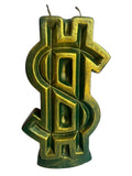 Crystal Fairy Patch double wick dollar sign shaped wax candle in metallic gold and deep green for luxury home decor.