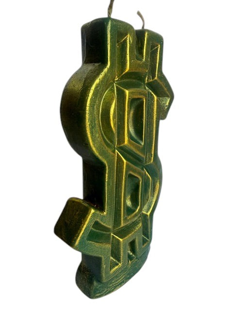 Crystal Fairy Patch double wick dollar sign shaped wax candle in a metallic gold and deep green finish for modern home decor.