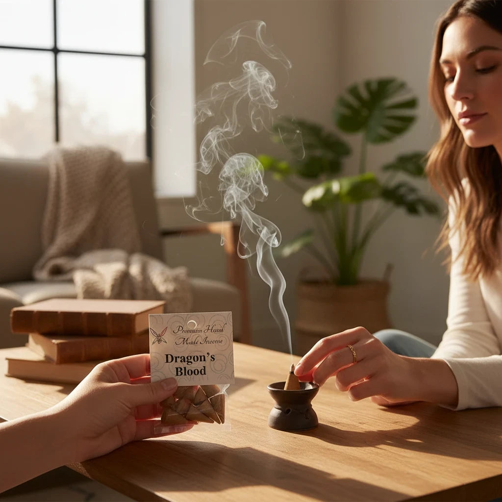 Crystal Fairy Patch Dragon's Blood premium handmade incense cones in packaging with a woman lighting one in a ceramic burner