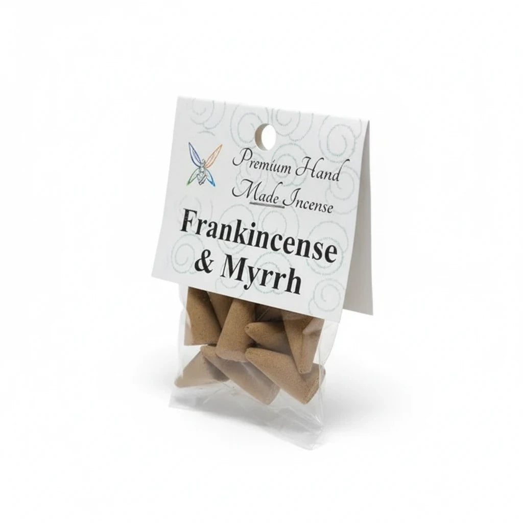 Crystal Fairy Patch Frankincense & Myrrh premium hand-made incense cones in a small clear plastic bag with a branded header card.