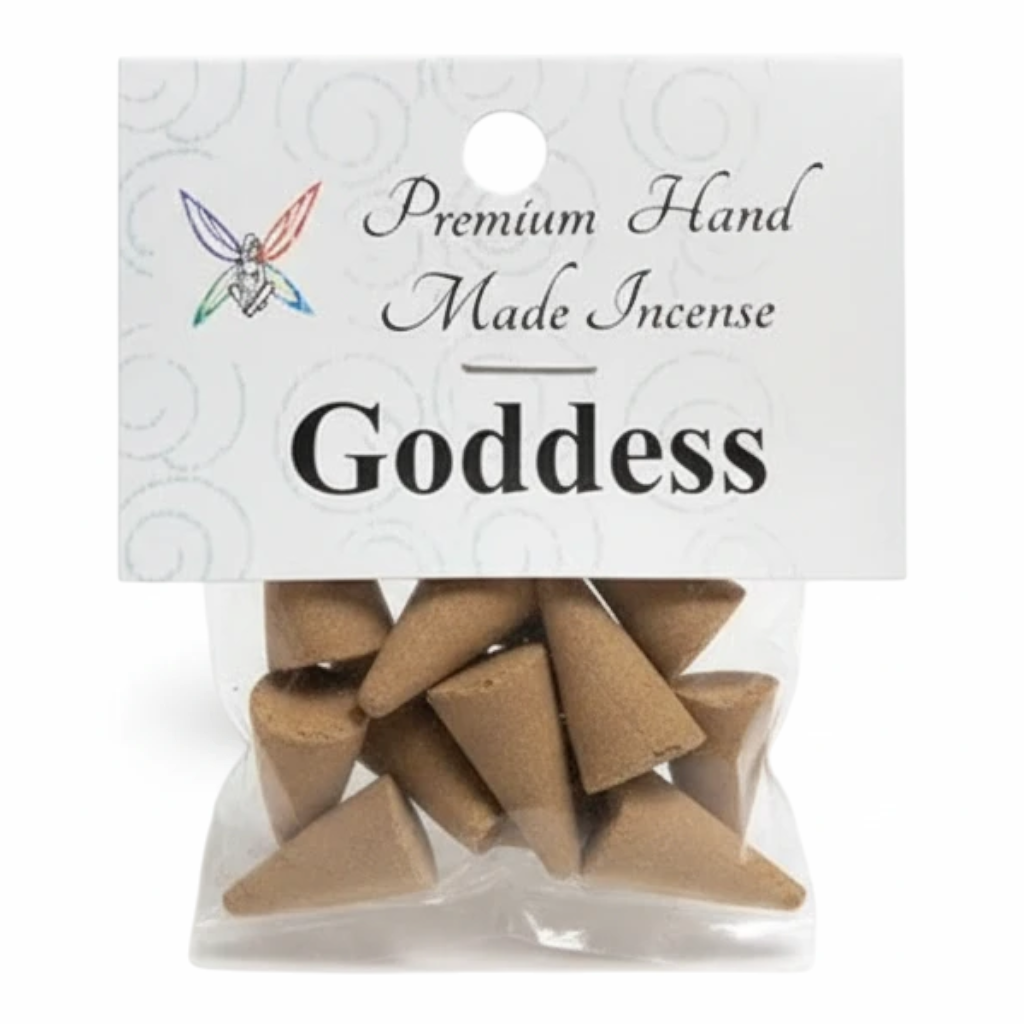 Crystal Fairy Patch Goddess premium hand-made cone incense in a clear plastic bag with a white header card.