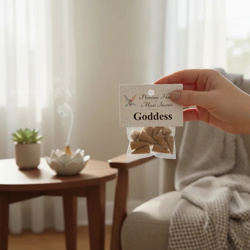 Crystal Fairy Patch Goddess premium hand-made incense cones in a clear bag held by a hand near a smoldering lotus burner