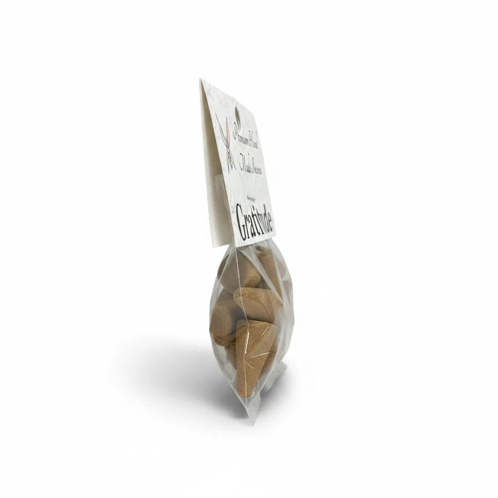 Crystal Fairy Patch Gratitude premium hand-made incense cones in a clear plastic bag with a white header card