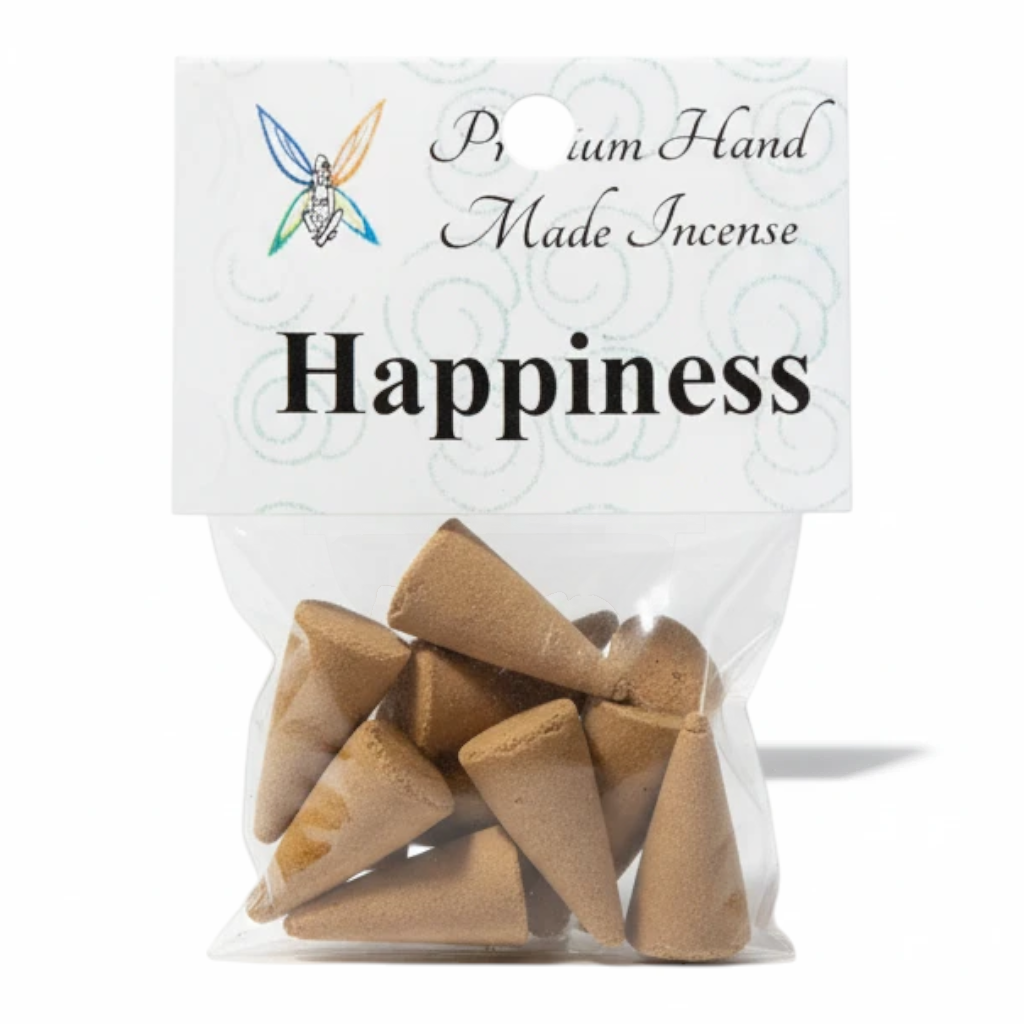 Crystal Fairy Patch Happiness premium hand-made cone incense in a clear plastic bag with a branded label