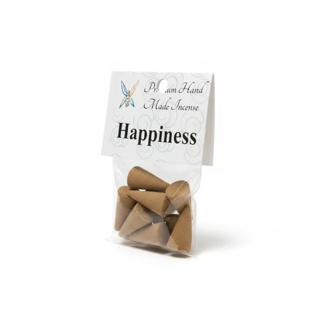 Crystal Fairy Patch Happiness premium hand-made cone incense in a clear plastic bag with a white header card