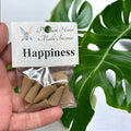 Crystal Fairy Patch Happiness premium hand-made incense cones in a clear plastic bag held against a green monstera leaf.