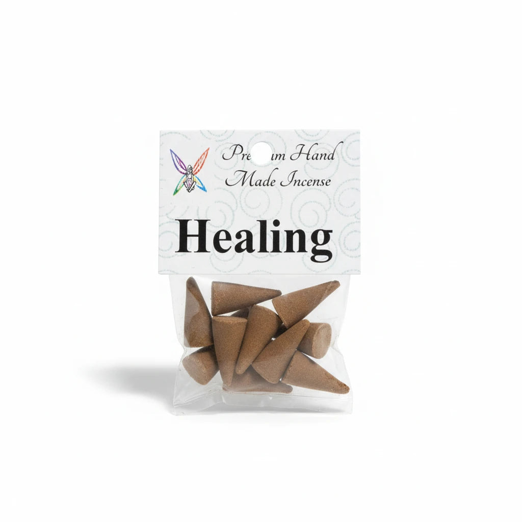 Crystal Fairy Patch Healing premium hand-made incense cones in a clear plastic pack for body, mind, and spirit wellness.