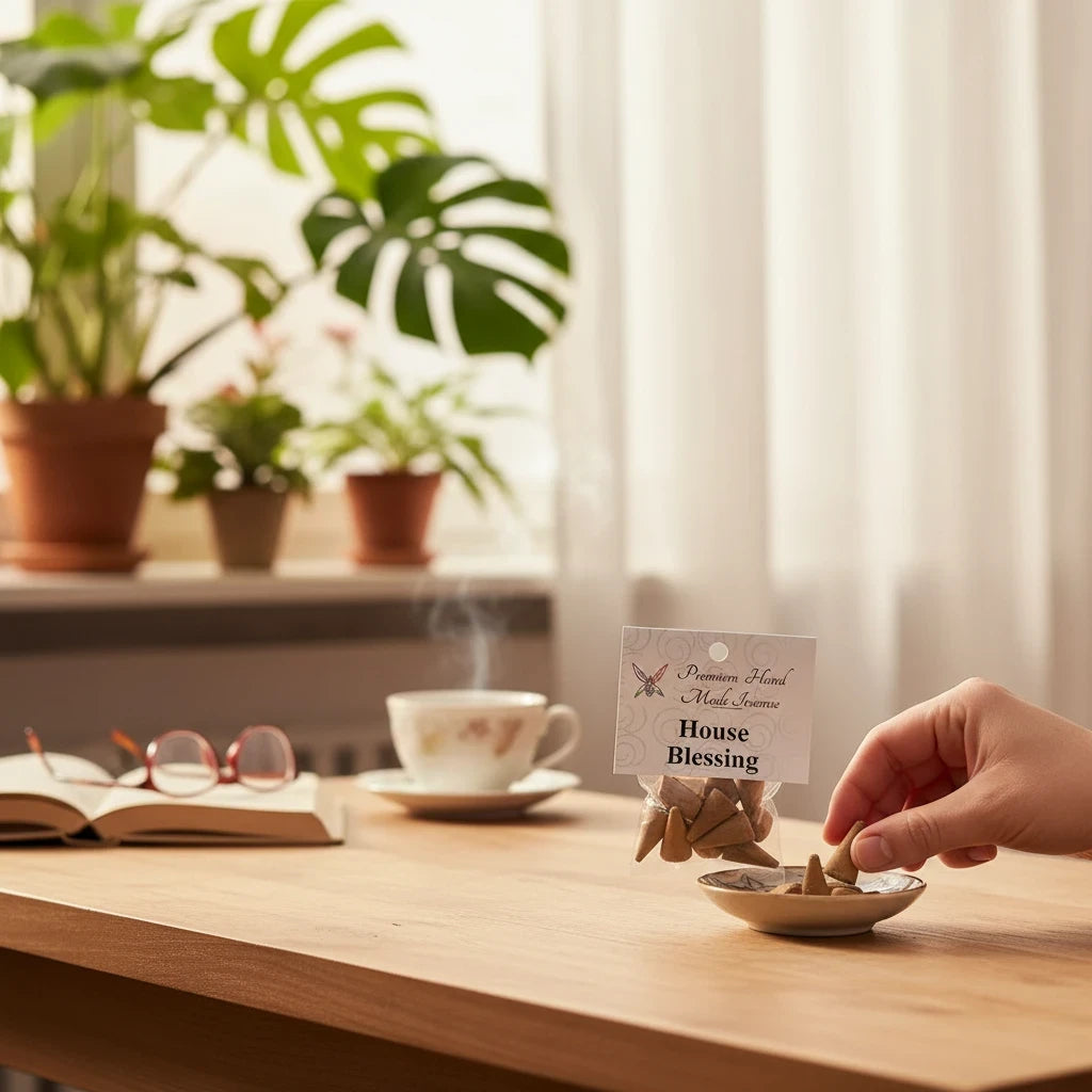 Crystal Fairy Patch House Blessing hand-made cone incense in a clear bag on a wooden table with a steaming cup and plants