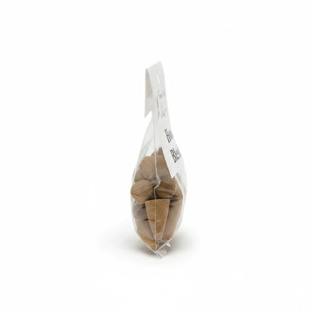 Crystal Fairy Patch House Blessing hand-made incense cones in a clear plastic bag for home rituals and intention setting