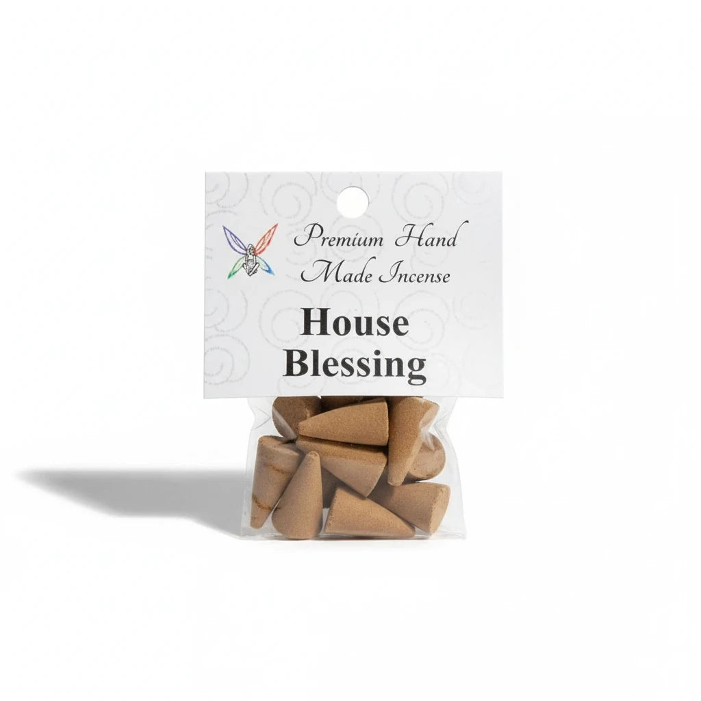 Crystal Fairy Patch House Blessing premium hand-made brown cone incense in a small clear plastic bag with a white header card.