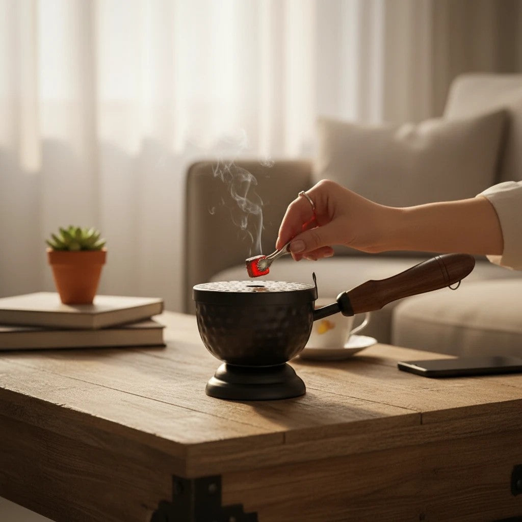 Crystal Fairy Patch 9-inch matte black hammered iron cauldron incense burner with wooden handle and perforated lid on a table.