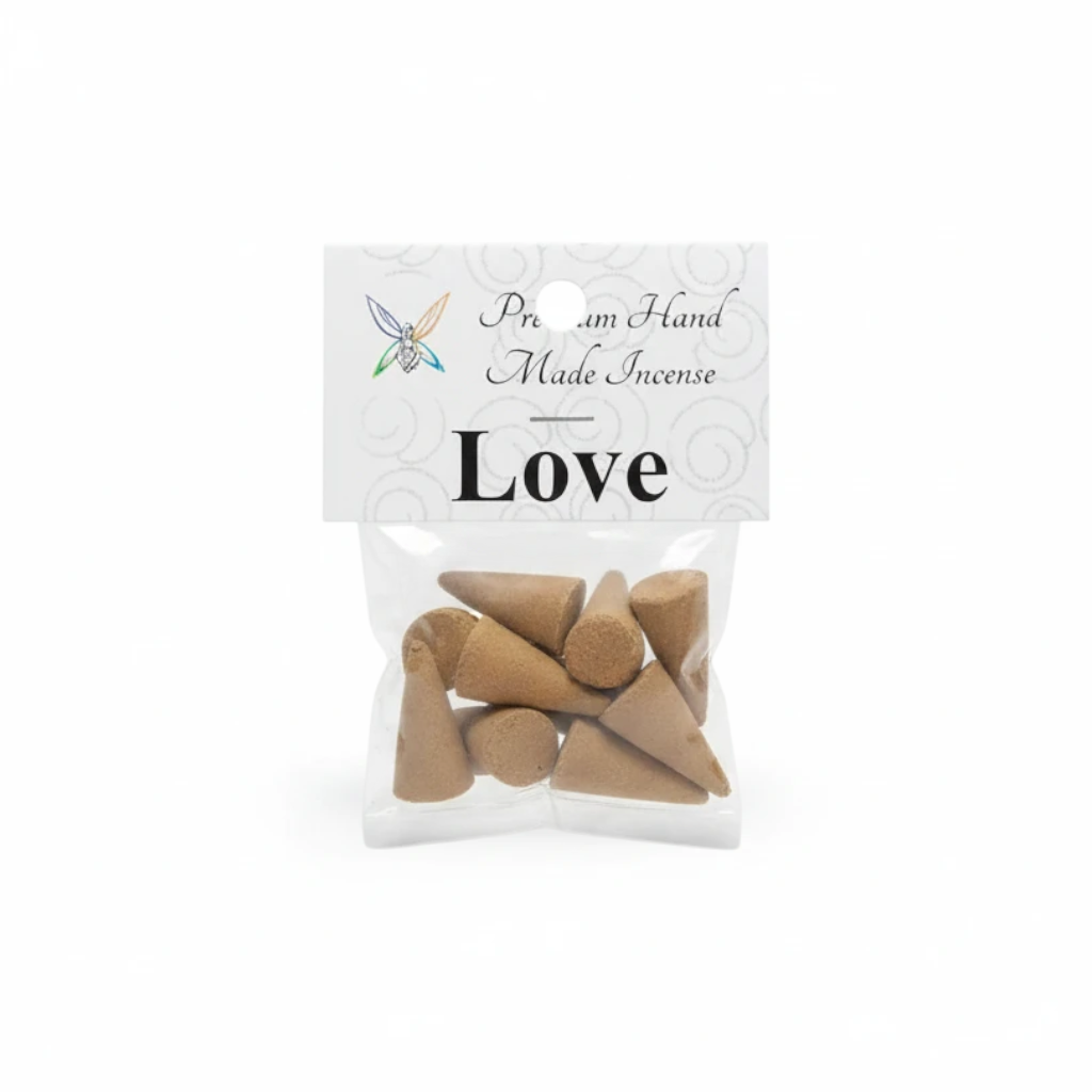 Crystal Fairy Patch Love premium hand-made incense cones in a clear plastic bag with a white header card.