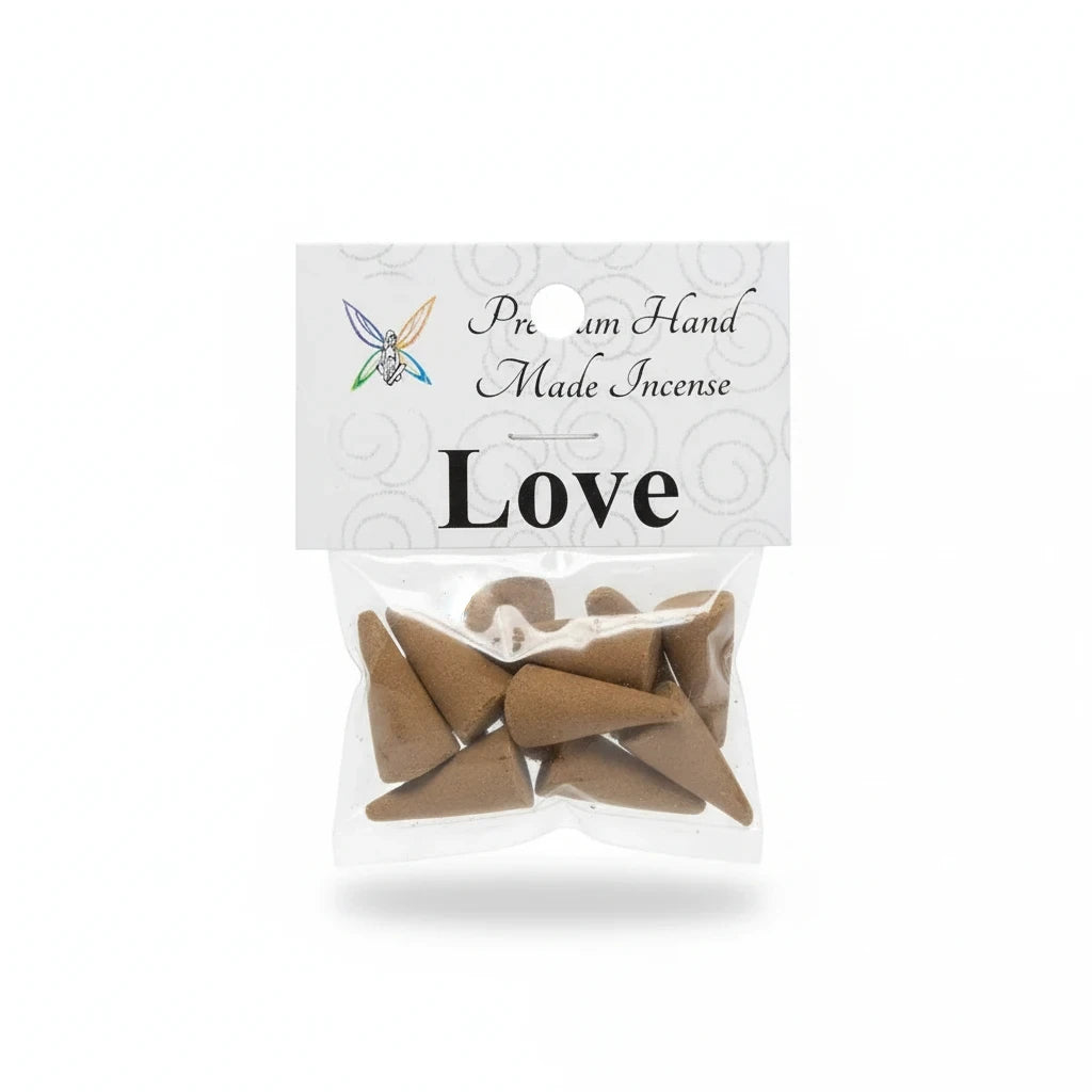 Crystal Fairy Patch Love premium hand-made incense cones in a small clear plastic bag for intention setting and relaxation