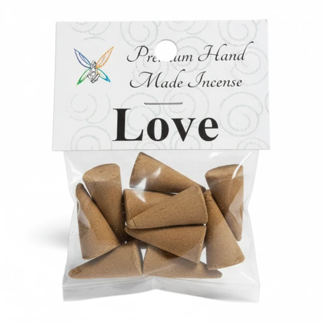 Crystal Fairy Patch Love premium hand-made incense cones in a clear plastic bag with a white header card.