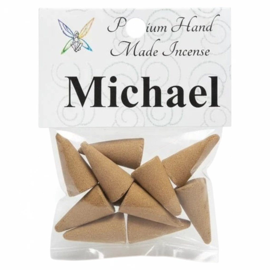 Crystal Fairy Patch Michael premium hand-made incense cones in a clear plastic bag with a branded header card