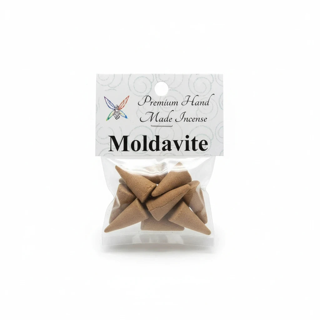 Crystal Fairy Patch Moldavite premium hand-made cone incense in a clear plastic bag with a white header card