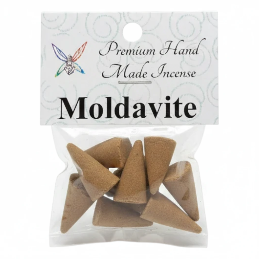 Crystal Fairy Patch Moldavite premium hand-made incense cones in a clear plastic bag with a branded header card.
