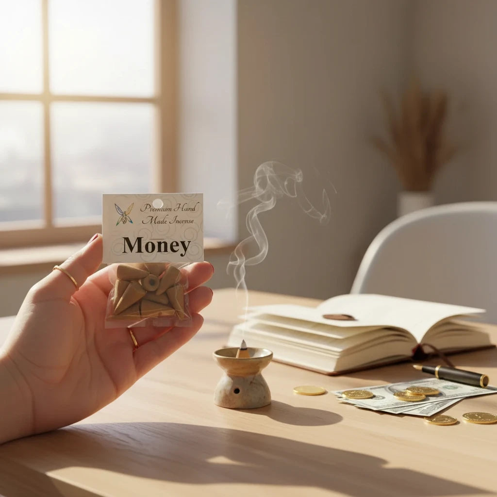 Crystal Fairy Patch Money premium hand-made cone incense pack held in hand with a smoldering cone on a desk with coins and a book