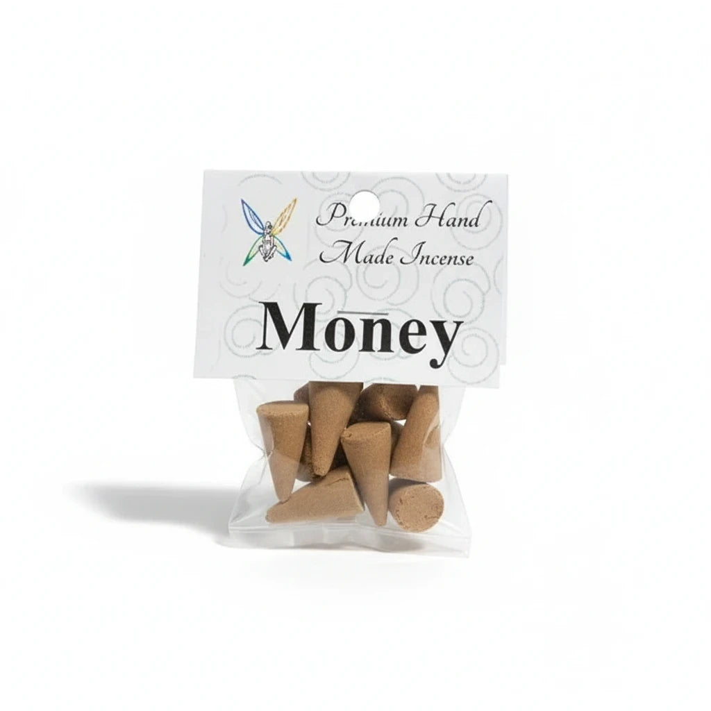 Crystal Fairy Patch Money premium hand-made cone incense in a clear plastic bag with a white branded header card.