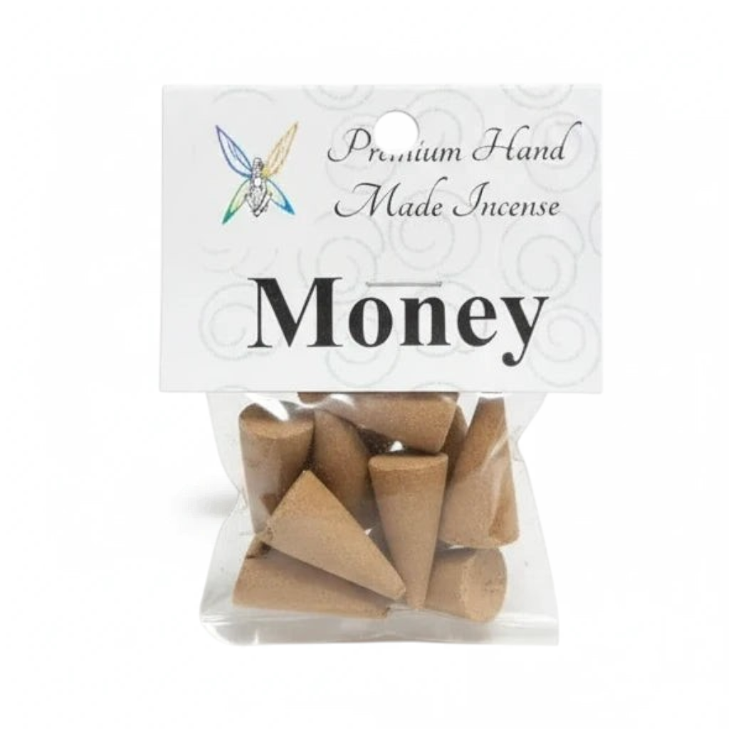 Crystal Fairy Patch Money premium hand-made cone incense in a small clear plastic bag with a white branded header card