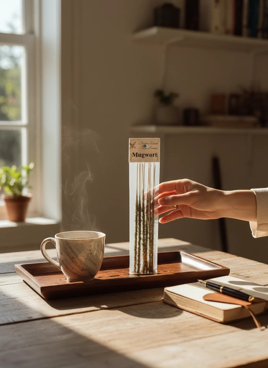 Crystal Fairy Patch artisan mugwort incense sticks in clear packaging next to a steaming ceramic mug on a wooden tray