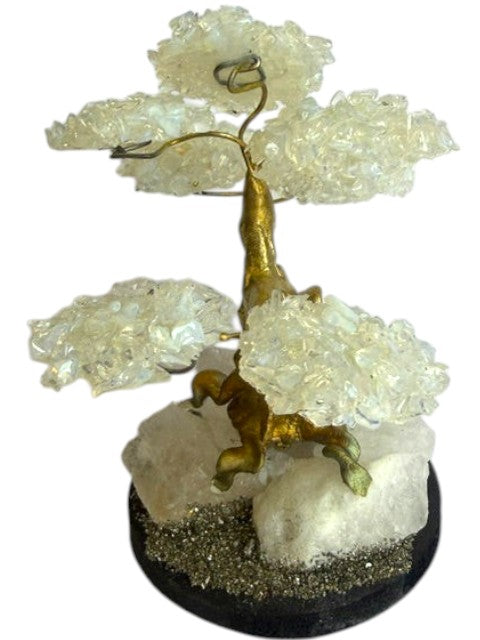 Crystal Fairy Patch handcrafted opalite bonsai tree with gold-toned trunk on a natural quartz and pyrite crystal base.