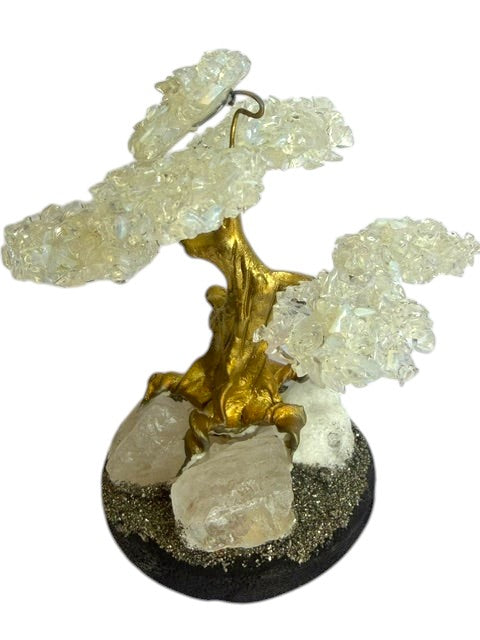Crystal Fairy Patch handcrafted opalite chip bonsai tree with a gold-toned trunk on a quartz and pyrite crystal base.