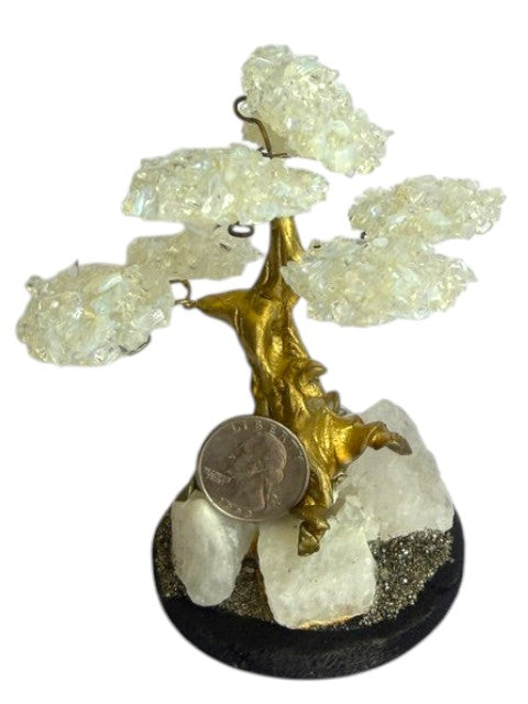 Crystal Fairy Patch opalite bonsai tree with gold-toned trunk on a natural quartz and pyrite base for home decor.