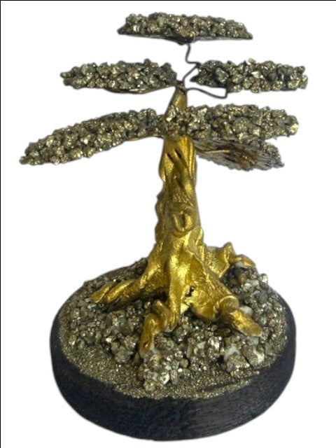 Crystal Fairy Patch Pyrite Bonsai Tree with gold-toned trunk and metallic mineral foliage on a pyrite-coated base.