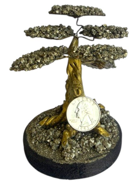 Crystal Fairy Patch Pyrite Bonsai Tree sculpture with gold-toned trunk and metallic mineral foliage on a pyrite-coated base.