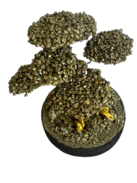 Crystal Fairy Patch Pyrite Bonsai Tree sculpture with metallic gold-toned mineral clusters on a sturdy pyrite-coated base.