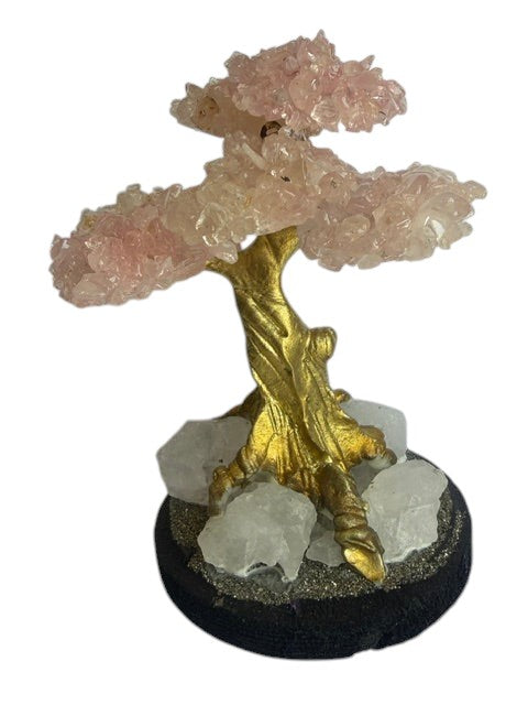 Crystal Fairy Patch rose quartz bonsai tree with gold-tone trunk on a raw quartz and pyrite base for home decor.