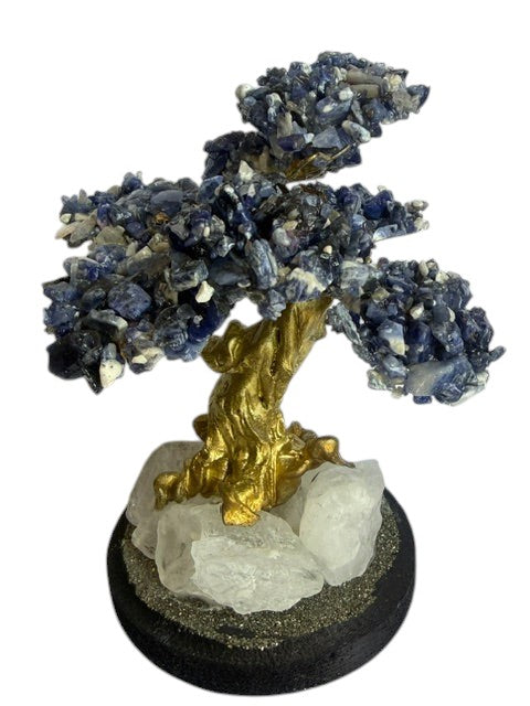 Crystal Fairy Patch Sodalite bonsai tree with blue crystal leaves, golden trunk, and a quartz and pyrite base for home decor.